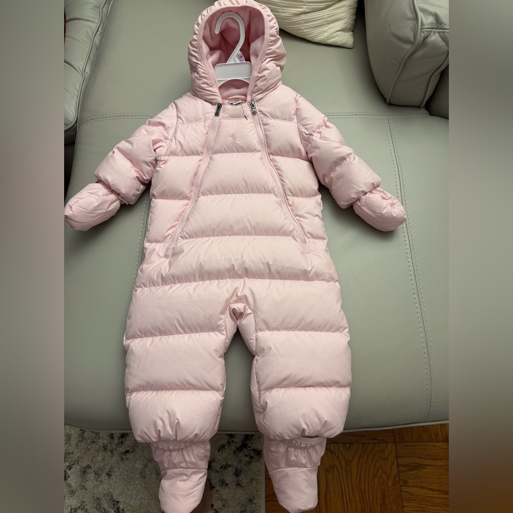 New - Ralph Lauren Down Pink Baby One Piece Bunting with hood - Size 9M